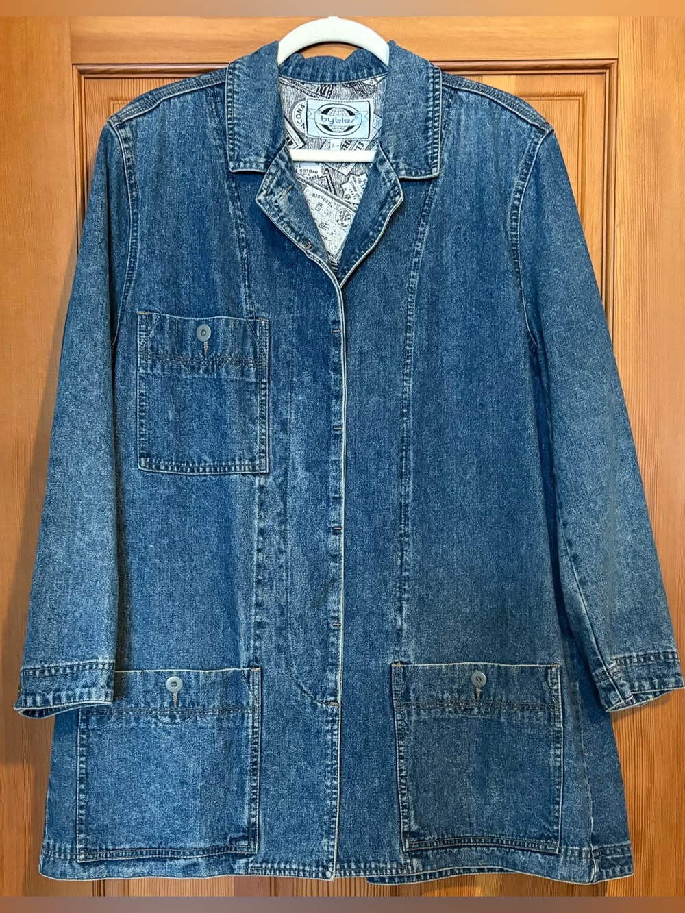 Byblos VINTAGE Italian Blue Denim Utility Shop Coat/Chore Jacket-Flared Back XL